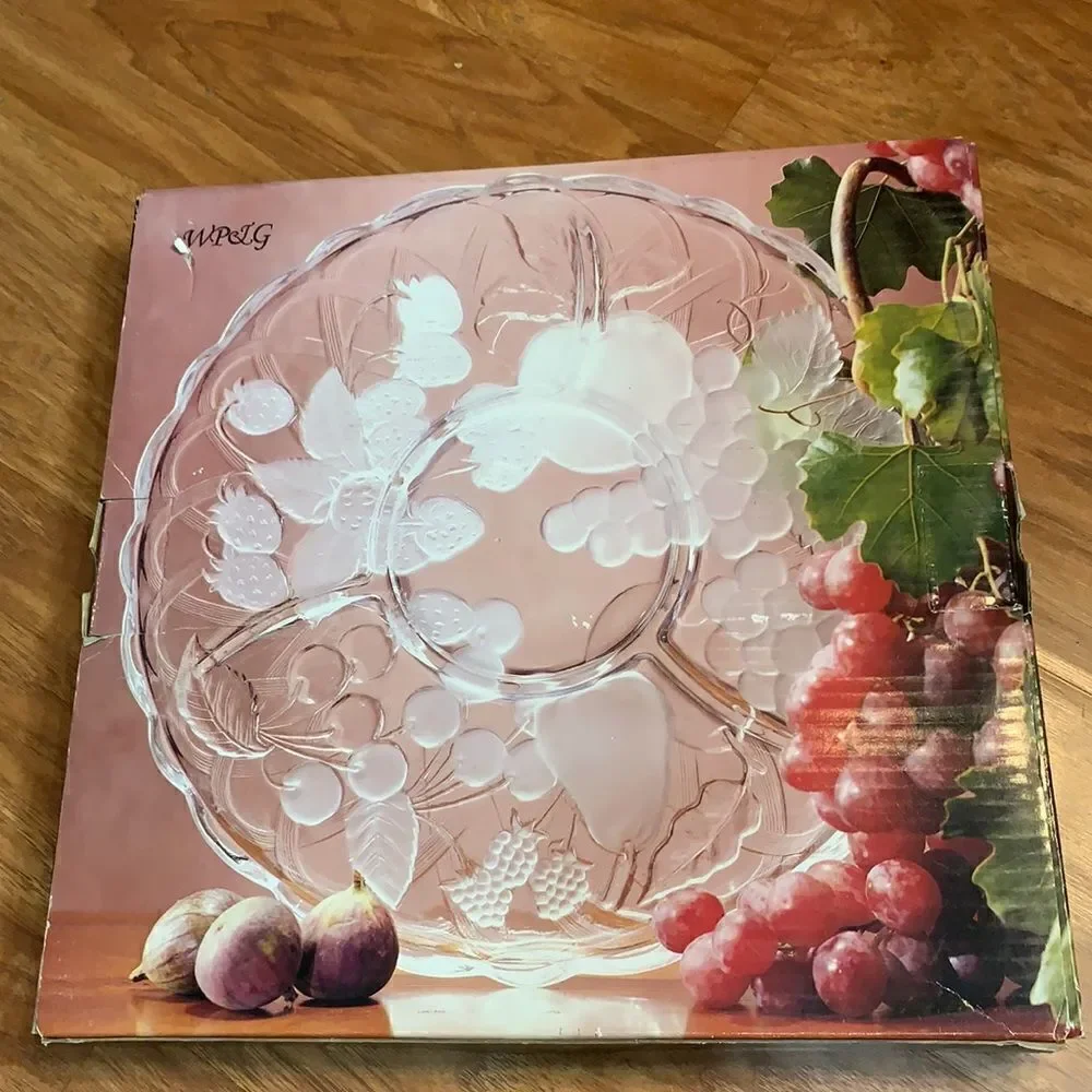 WPLJ Fruit Delight Crystal 14 Inch Divided Frosted Glass Platter Chip Dip Set